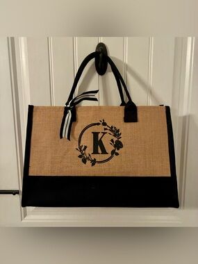 Monogram K Natural & Black Jute Tote Bag